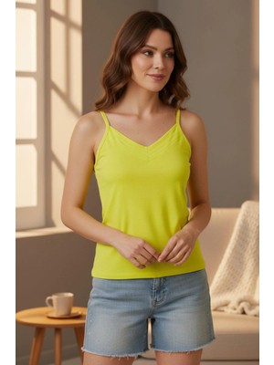 Mossta Ince Askılı V Yaka Viskon Bluz - Sarı