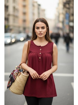 Mossta Önü Düğmeli Piliseli Rahat Kesim Askılı Bluz - Bordo
