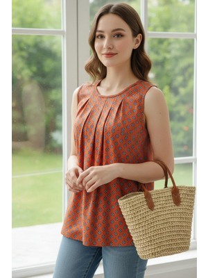 Mossta Yuvarlak Yaka Desenli Süprem Bluz - Turuncu