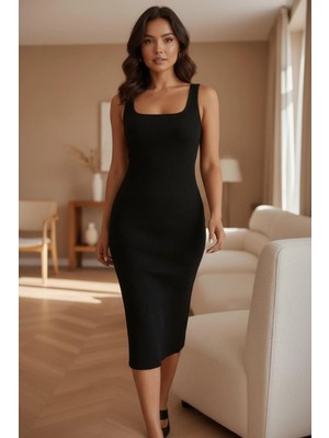 Mossta Kalın Askılı Kare Yaka Kaşkorse Elbise Siyah