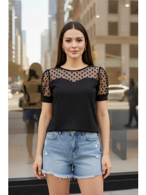 Mossta Bisiklet Yaka Puantiyeli Viskon Bluz - Siyah