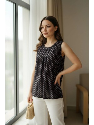 Mossta Yuvarlak Yaka Desenli Süprem Bluz - Siyah