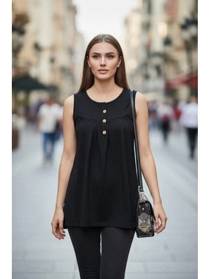 Mossta Önü Düğmeli Piliseli Rahat Kesim Askılı Bluz - Siyah