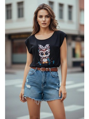 Mossta Sıfır Kol V Yaka Baykuş Baskılı Viskon Bluz - Siyah