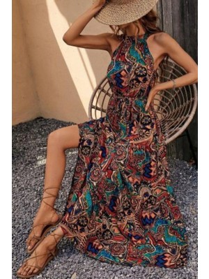 Halter Yaka Bel Lastikli Otantik Desenli Elbise - Desenli
