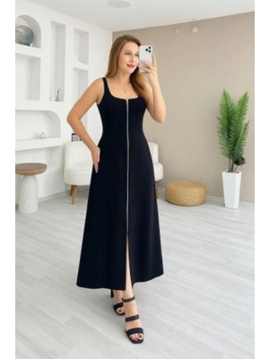 Mossta Kare Yaka Önü Fermuarlı Uzun Krep Elbise - Siyah