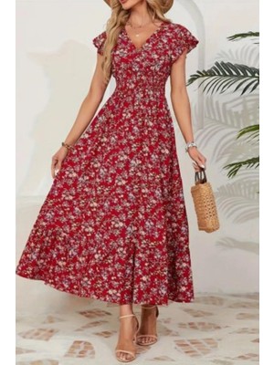 Mossta Kruvaze Yaka Beli Lastikli Çiçek Desenli Elbise - Kırmızı