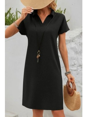 Mossta Kısa Kollu Polo Yaka Bürümcük Elbise - Siyah