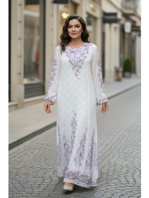 Mossta Lila Desenli Astarlı Şifon Maxi Elbise | Uzun Kollu Rahat Kesim