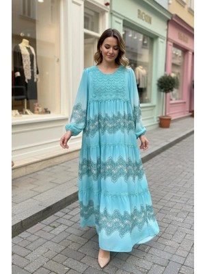 Mossta Turkuaz Bohem Dantel Detaylı Astarlı Şifon Elbise