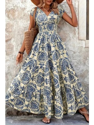 Mossta Desenli Kruvaze Yaka Kısa Kollu Maxi Boy Süprem Elbise - Mavi