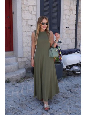 Mossta Bisiklet Yaka Kolsuz Uzun Viskon Elbise - Yeşil