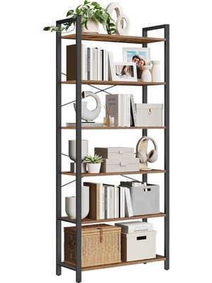 Leaf Shop Kitaplık, 6 Katlı Raf, Çelik Çerçeveli Yüksek Rustik Raf, Oturma Odası, Ofis, Çalışma Odası, Koridor, Endüstriyel Tarz, 80 x 30 x 186 Cm, Rustik Kahverengi ve Siyah LLS082B01