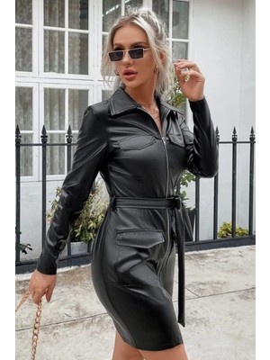 Mossta Yaka Detaylı Mini Deri Elbise - Siyah