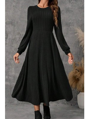 Mossta Uzun Kollu A Kesim Midi Boy Şardonlu Kaşkorse Elbise - Siyah