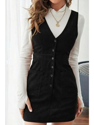 Mossta Düğmeli  Kadife Kumaş Mini Elbise - Siyah