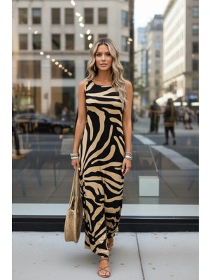 Mossta Rahat Kesim Desenli Kolsuz Maksi Süprem Elbise - Siyah