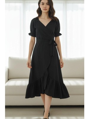 Mossta Kruvaze Yaka Uzun Trikoton Elbise - Siyah