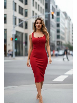 Mossta Düğme Detaylı Kaşkorse Kumaş Askılı Midi Elbise - Kırmızı