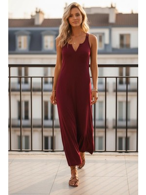 Mossta V Yaka Ince Askılı Uzun Viskon Elbise - Bordo