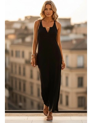 Mossta V Yaka Ince Askılı Uzun Viskon Elbise - Siyah