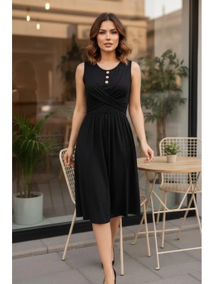 Mossta Düğme Detaylı Çapraz Bel Tasarım Kolsuz Viskon Elbise - Siyah