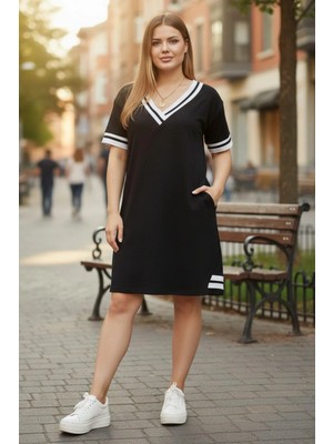 Mossta V Yaka Ribana Detay Dizüstü Viskon Elbise - Siyah