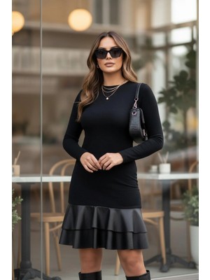Mossta Bisiklet Yaka Deri Detaylı Mini Elbise - Siyah