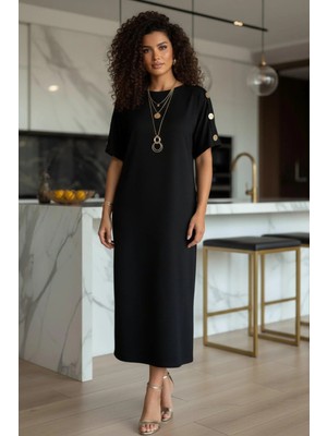 Mossta Kol Düğme Aksesuarlı Rahat Kesim Viskon Iki Iplik Elbise - Siyah