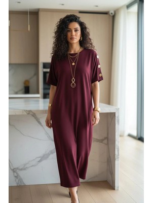 Mossta Kol Düğme Aksesuarlı Rahat Kesim Viskon Iki Iplik Elbise - Bordo