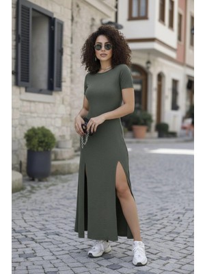 Mossta Yırtmaç Detaylı Kısa Kollu Viskon Elbise - Haki