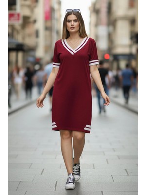 Mossta V Yaka Ribana Detay Dizüstü Viskon Elbise - Bordo