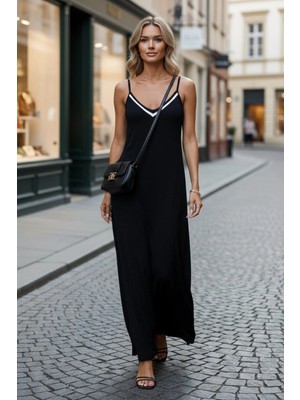 Mossta Sportif Kesim Ip Askılı Çizgi Detaylı Uzun Viskon  Elbise - Siyah