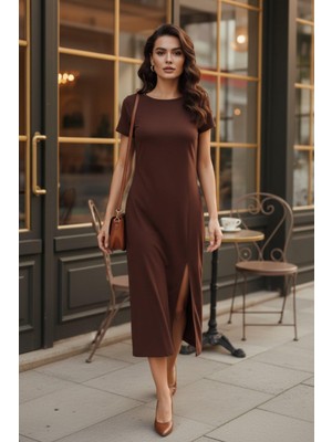 Mossta Yırtmaç Detaylı Kısa Kollu Midi Viskon Elbise - Bordo