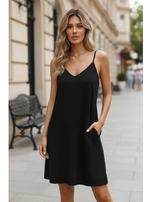 Mossta Ip Askılı V Yaka Aerobin Elbise - Siyah