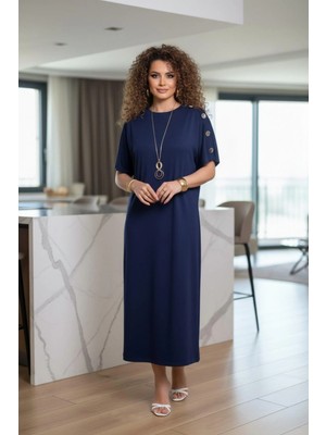 Mossta Kol Düğme Aksesuarlı Rahat Kesim Viskon Iki Iplik Elbise - Lacivert