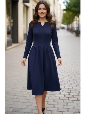 Mossta Uzun Kollu Yan Cepli Minimalist Midi Boy Ithal Krep Elbise - Lacivert