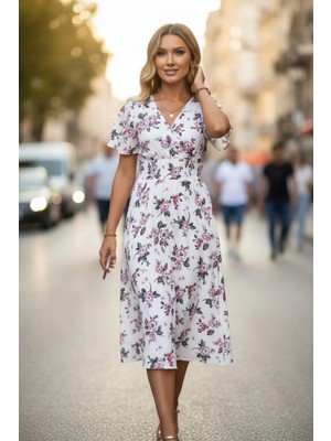 Mossta Kruvaze Yaka Kısa Kollu Desenli Süprem Elbise - Pembe