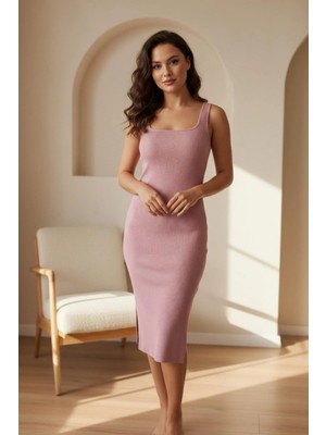 Mossta Kalın Askılı Kare Yaka Kaşkorse Elbise - Gül Kurusu