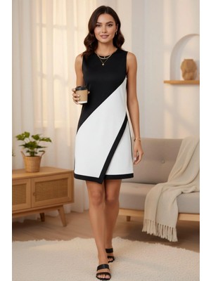 Mossta Asimetrik Kesim Çift Renkli Ithal Krep Elbise - Siyah