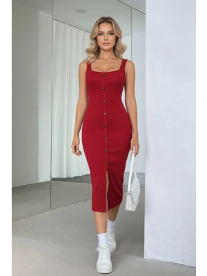 Mossta Kare Yaka Düğmeli Kaşkorse Midi Elbise - Kırmızı