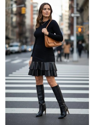 Mossta Zarif Dokunuş Deri Volan Detay Viskon Elbise - Siyah