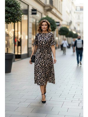 Mossta Bisiklet Yaka Leopar Desenli Kuşaklı Süprem Elbise - Leopar