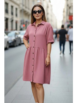 Mossta Önü Düğmeli Rahat Kesim Bürümcük Elbise - Pembe