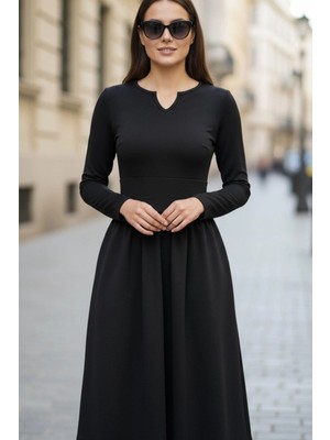 Mossta Uzun Kollu Yan Cepli Minimalist Midi Boy Ithal Krep Elbise - Siyah