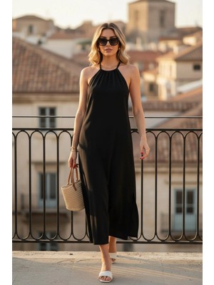 Mossta Sırt Detaylı Yırtmaçlı Uzun Viskon Elbise - Siyah