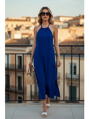 Mossta Sırt Detaylı Yırtmaçlı Uzun Viskon Elbise - Lacivert