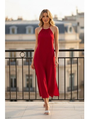 Mossta Sırt Detaylı Yırtmaçlı Uzun Viskon Elbise - Kırmızı