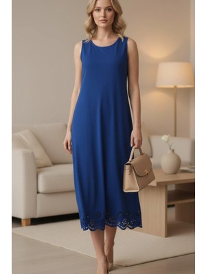 Mossta Etek Ucu Lazer Kesim Çiçek Desenli Midi Boy Elbise - Saks