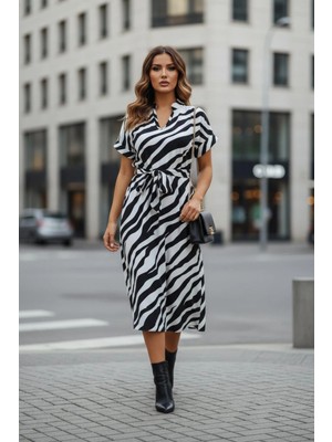 Mossta Zebra Desenli Kruvaze Yaka Kuşaklı Midi Süprem Elbise - Desenli